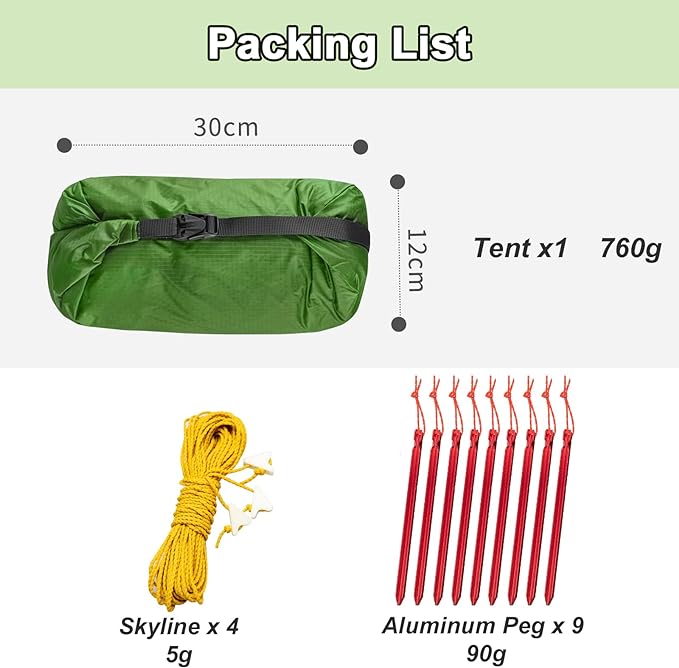 Night Cat tent packing list showing a compact green tent bag (30cm x 12cm, 760g), four yellow skyline ropes (5g each), and nine red aluminium pegs (90g total).
