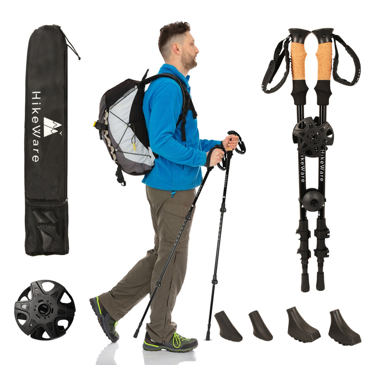 HikeWare Aluminium Hiking Poles full set – man walking with poles, accessories, carry bag, and interchangeable trekking tips