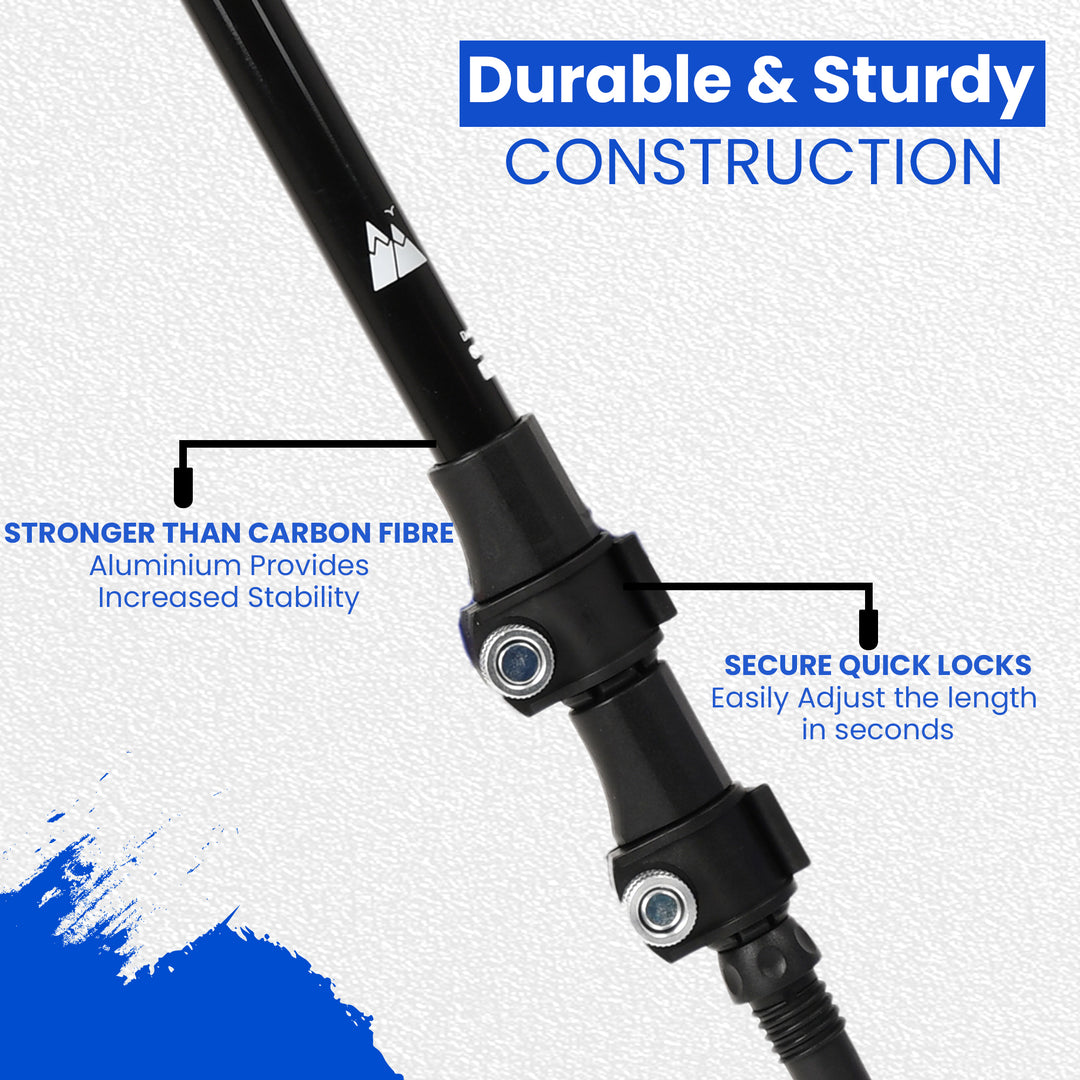Close-up of HikeWare hiking pole showing aluminium construction and secure quick lock system for adjustable stability