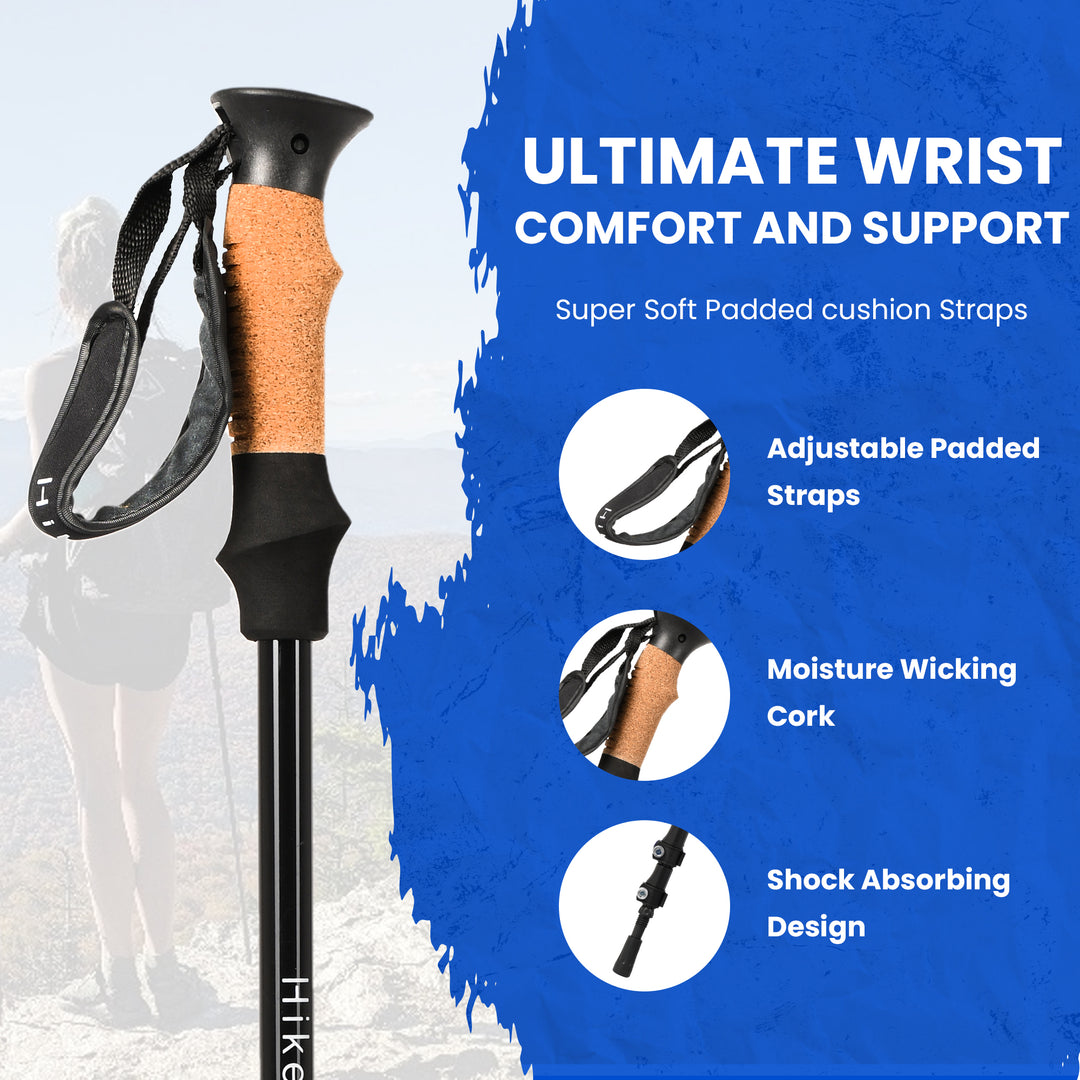 HikeWare hiking pole grip with adjustable padded strap, moisture-wicking cork handle, and shock absorbing design for wrist comfort