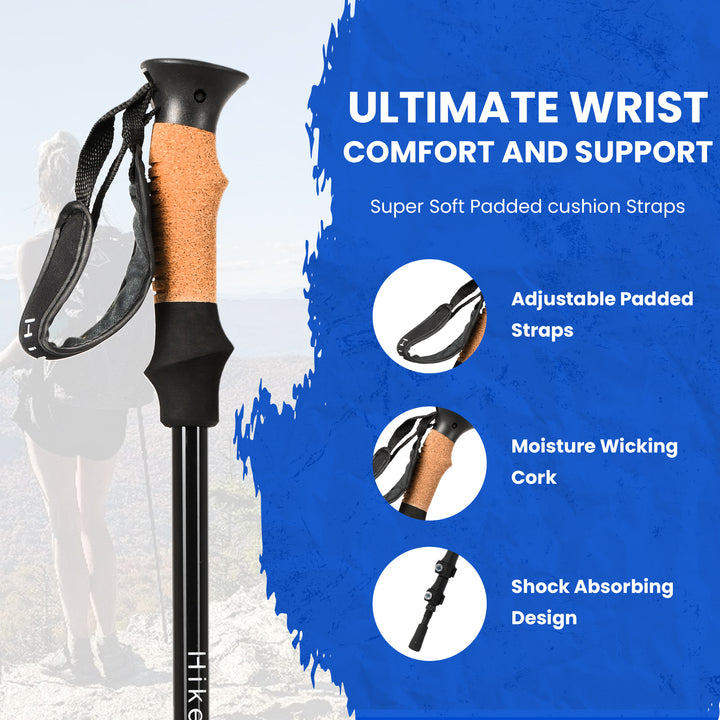 HikeWare hiking pole grip with adjustable padded strap, moisture-wicking cork handle, and shock absorbing design for wrist comfort