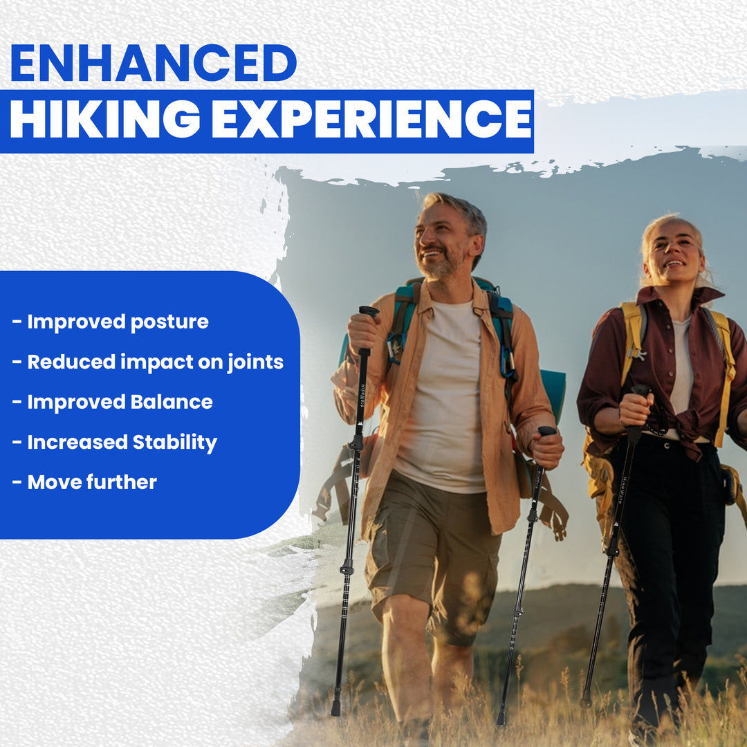 Man and woman hiking with HikeWare poles, highlighting benefits like improved posture, joint support, balance, and stability
