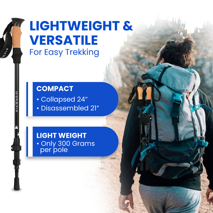 HikeWare lightweight aluminium hiking poles shown compact and backpack-mounted, ideal for easy trekking and travel