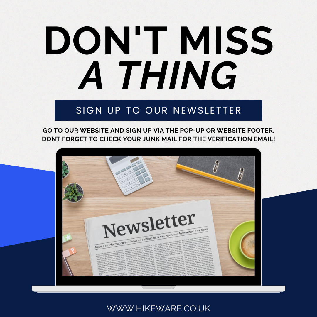 HikeWare newsletter sign-up promotion with laptop, newsletter headline, and call to action