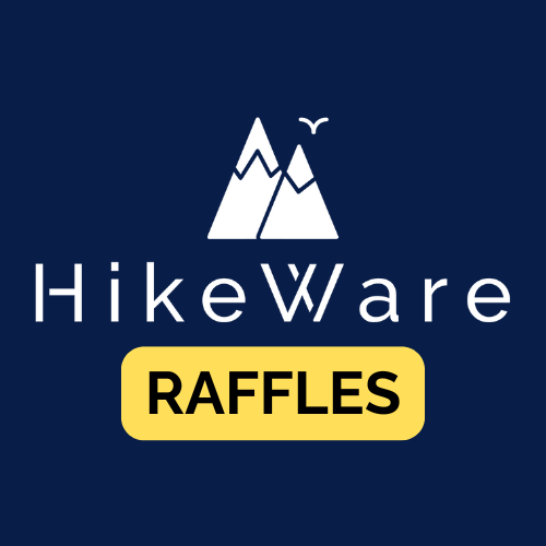HikeWare logo with mountain icon and bold yellow RAFFLES banner on navy background