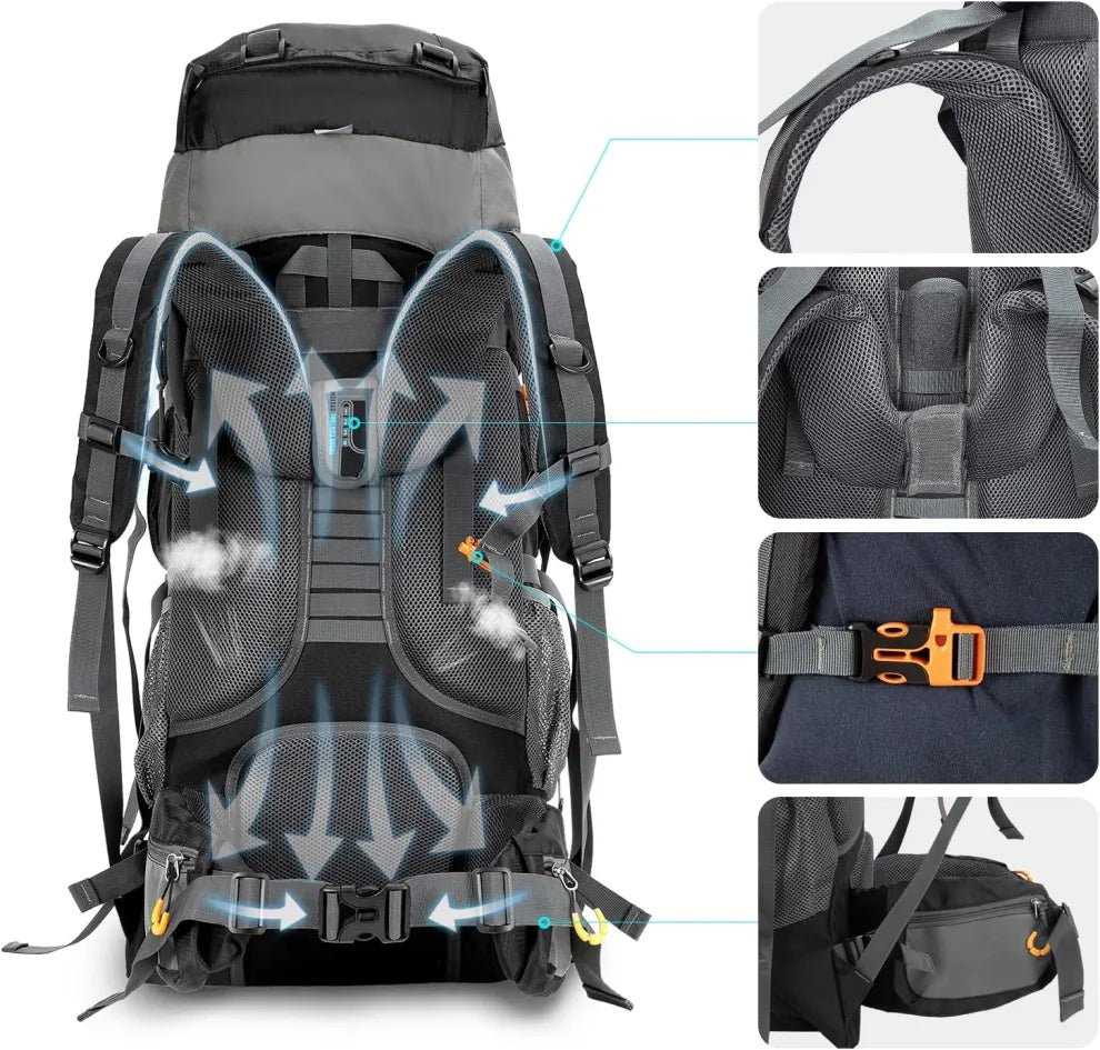 Night Cat 70L backpack with built-in frame featuring breathable back design, ergonomic padding, and secure chest buckle for enhanced comfort during long hikes and camping trips.