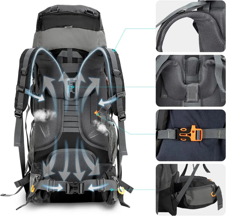 Night Cat 70L backpack with built-in frame featuring breathable back design, ergonomic padding, and secure chest buckle for enhanced comfort during long hikes and camping trips.
