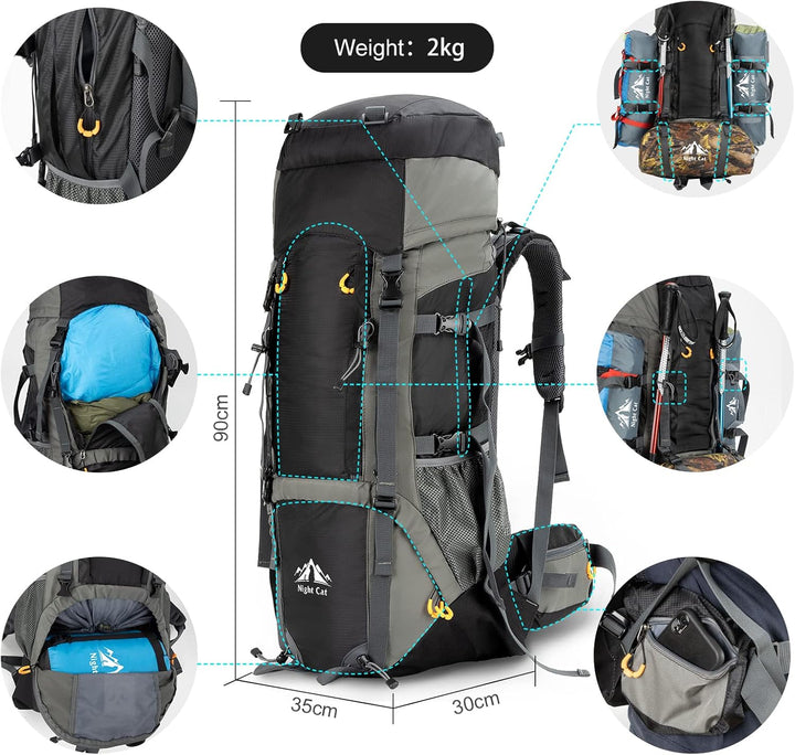 Night Cat 70L backpack with built-in frame, showcasing detailed dimensions, multiple compartments, and a 2kg weight, ideal for extended camping and hiking adventures.