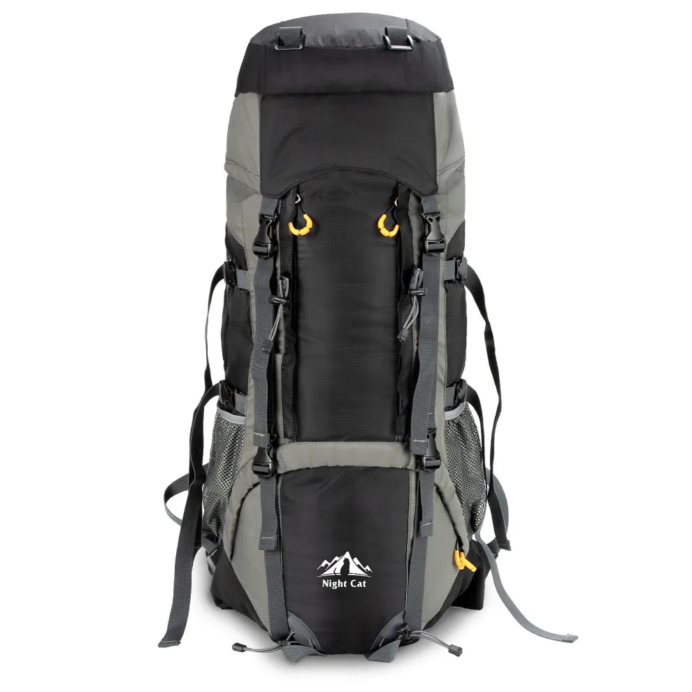 Night Cat 70L backpack with built-in frame, featuring a durable design, multiple straps, and spacious compartments, ideal for rugged outdoor adventures.