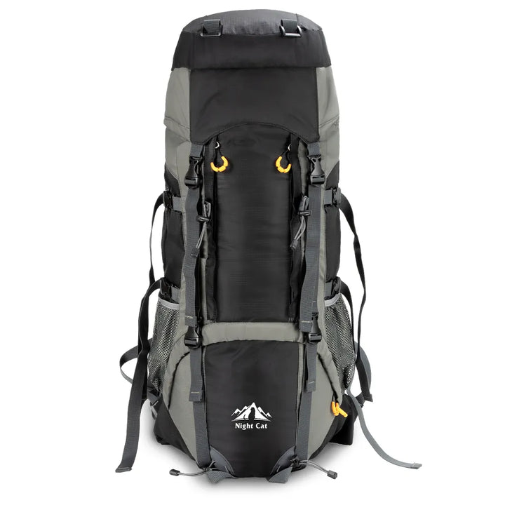 Night Cat 70L backpack with built-in frame, featuring a durable design, multiple straps, and spacious compartments, ideal for rugged outdoor adventures.
