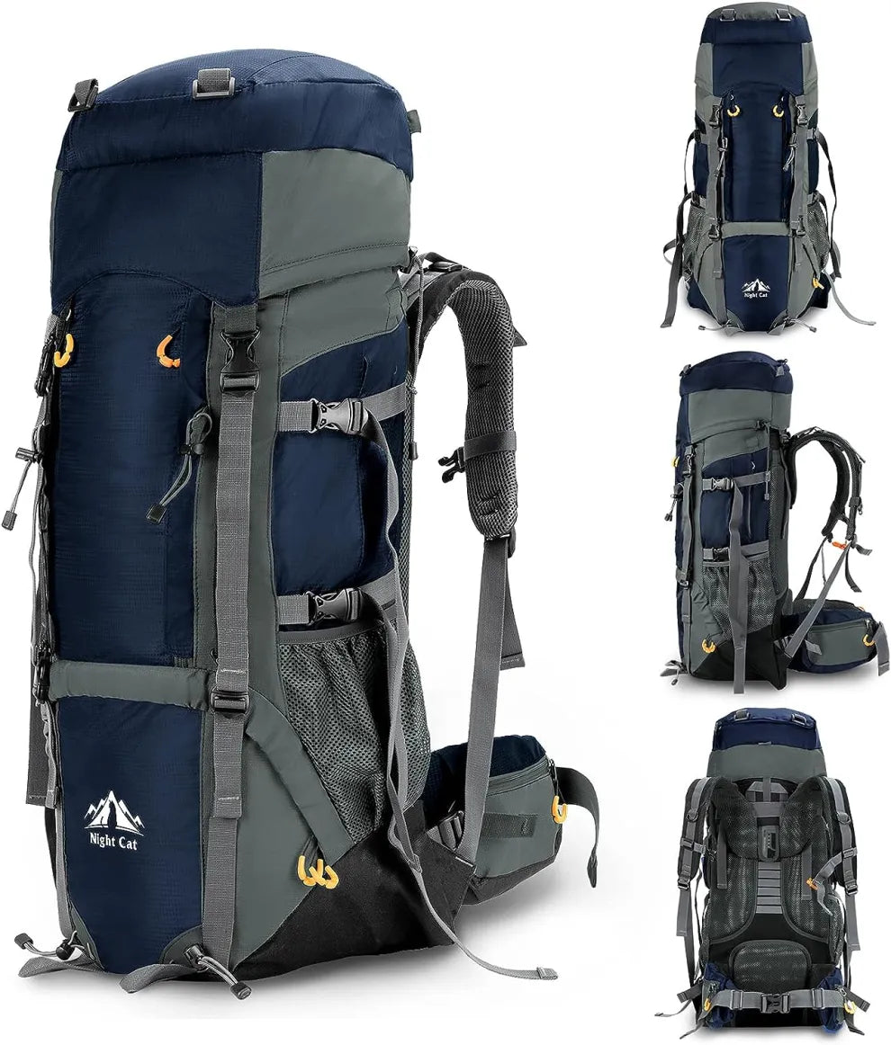 Night Cat 70L backpack in navy blue, shown from multiple angles, highlighting its durable design, adjustable straps, mesh pockets, and ergonomic back support. Ideal for camping, hiking, and trekking.