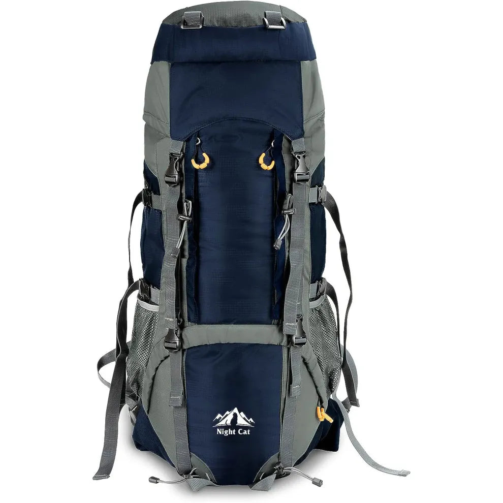 Night Cat 70L hiking backpack in navy blue, featuring a durable design with multiple straps, pockets, and loops for outdoor adventures. Ideal for camping, trekking, and hiking trips.