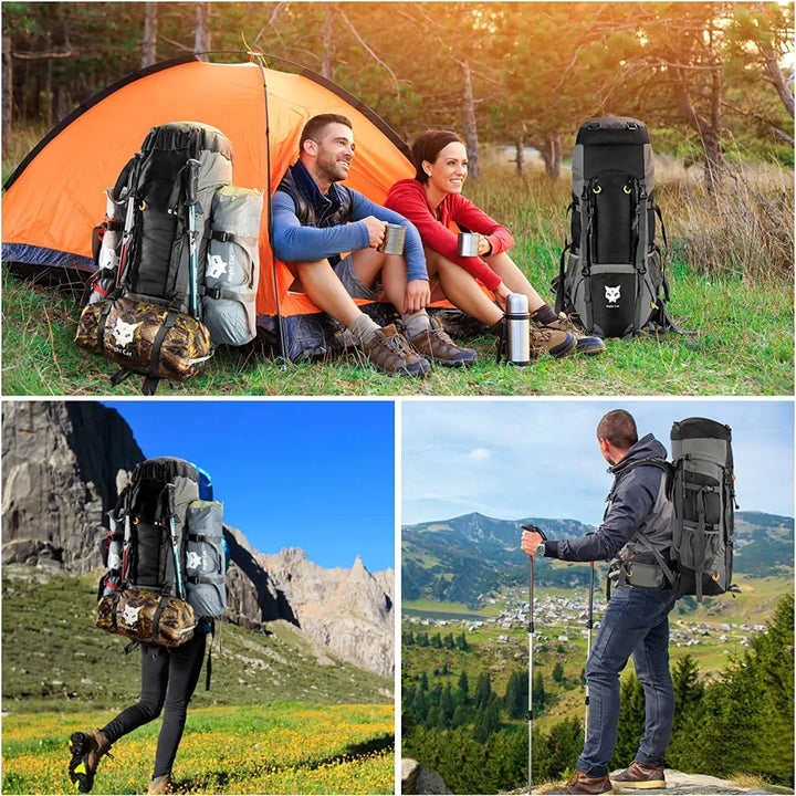 Night Cat 70L hiking backpack showcased in various outdoor settings. Features include camping next to a tent, hiking in mountainous terrain, and exploring with trekking poles, demonstrating the backpack's versatility and large capacity.