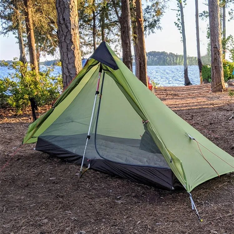 Night Cat Ultralight Tent Set Up in Forest Camping Area - Easy Assembly with Trekking Pole, available from HikeWare