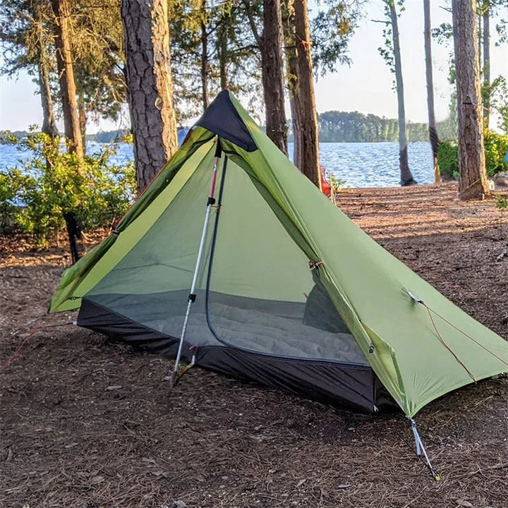 Night Cat Ultralight Tent Set Up in Forest Camping Area - Easy Assembly with Trekking Pole, available from HikeWare