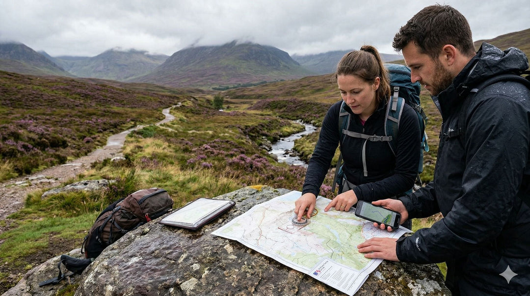 A photograph of two hikers, a man and a woman, standing on a rocky mountain trail under an overcast sky. They are consulting a paper topographic map on a boulder, using a compass and a smartphone with a GPS app for navigation.