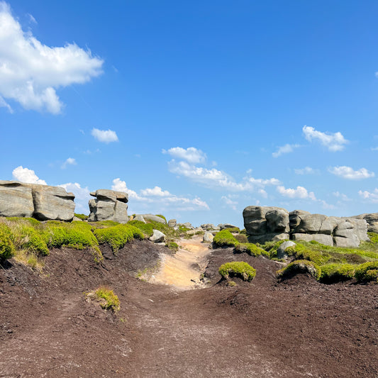 Scenic rocky hiking trail under a clear blue sky, ideal for outdoor adventures.