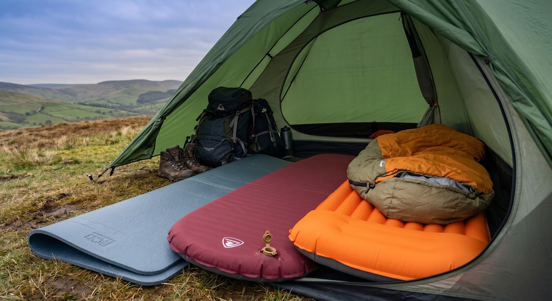 Thumbnail for "UK SLEEPING MAT GUIDE: R-VALUES EXPLAINED & TOP PICKS". Inside a green tent on a UK hill, three sleeping mats (blue, maroon, orange with sleeping bag) are shown with a backpack and boots. A thermometer graphic lists R-values (1-2 to 6+).