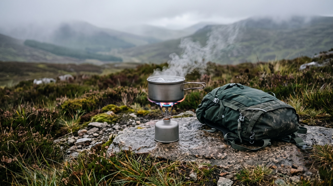 Gas canister camping stove boiling water on a UK hillside, used for hiking and DofE expedition cooking