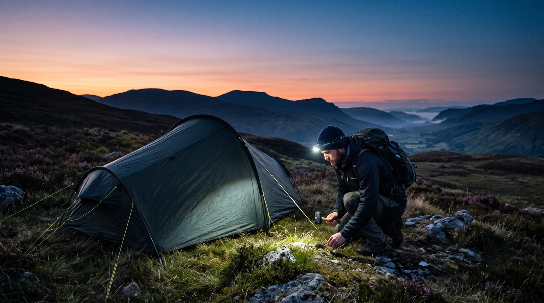 Hiker wearing a head torch setting up camp at dusk on a UK hillside, for a guide to choosing head torches for hiking and DofE expeditions