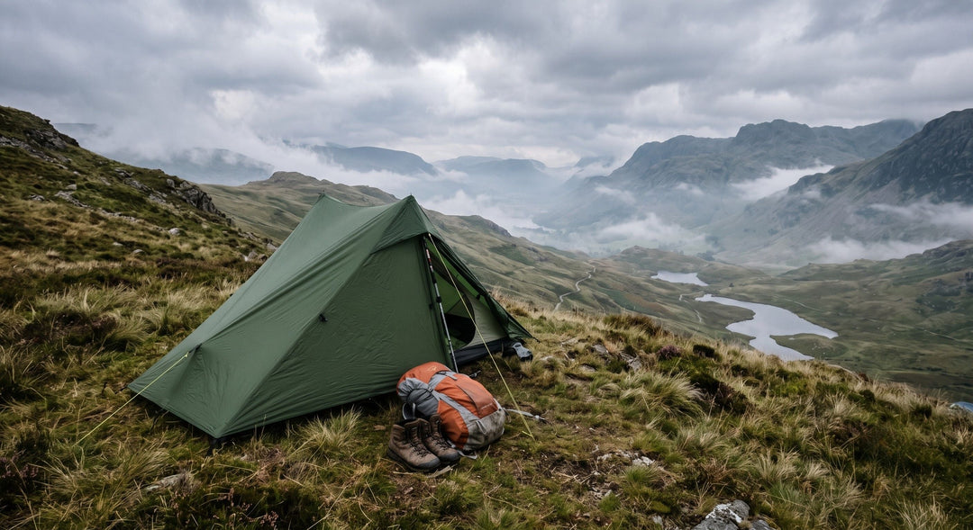 Lightweight green solo backpacking tent pitched on a UK mountainside with hiking boots and rucksack, misty valley below
