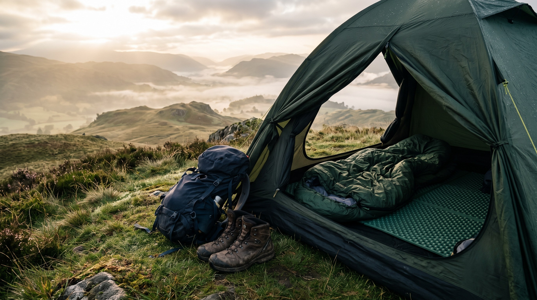 Sleeping bag and mat laid out inside a tent on a misty UK hillside at dawn, with hiking boots and rucksack outside
