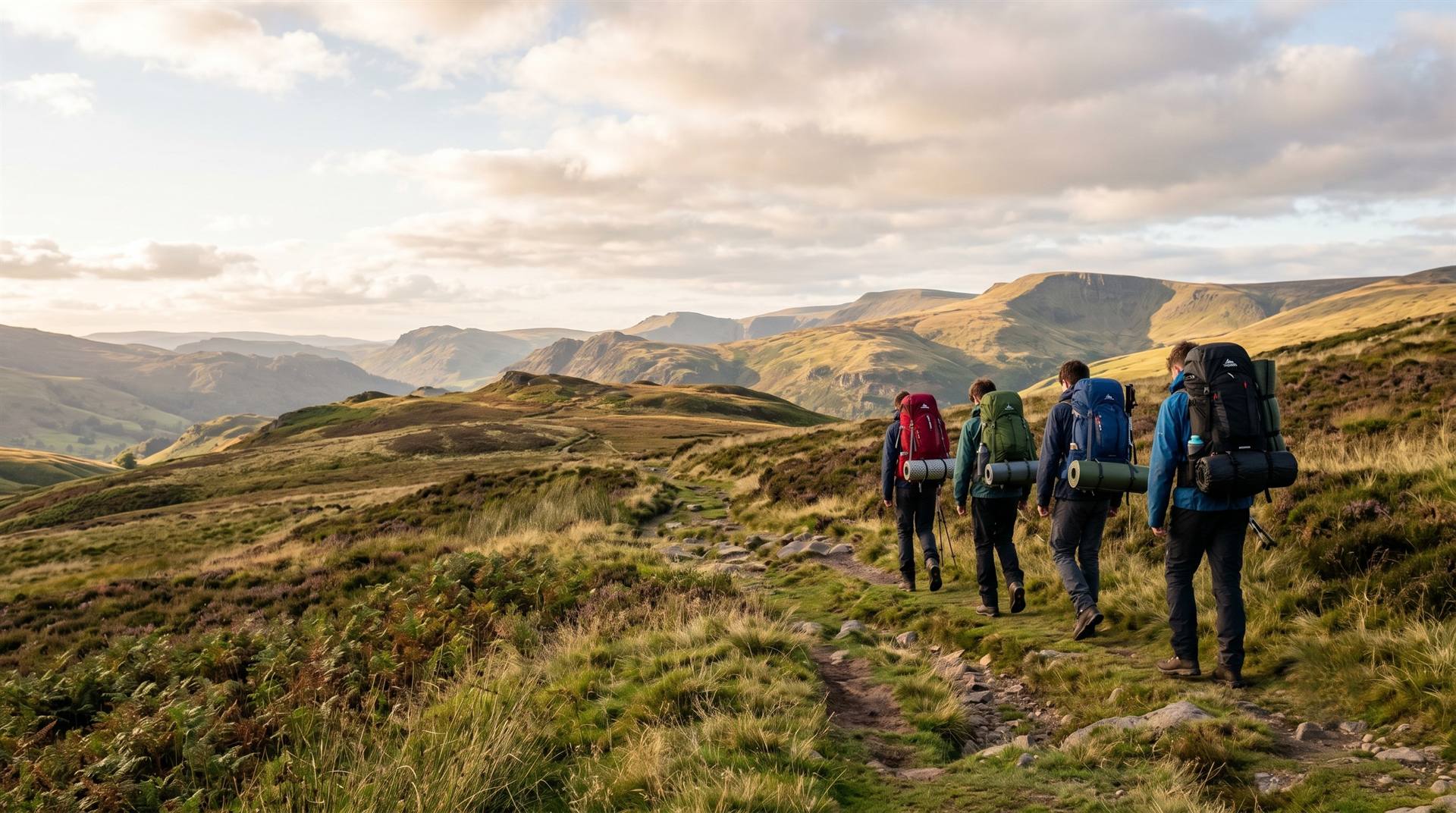 Young people on a DofE expedition hiking through the British hills with large rucksacks