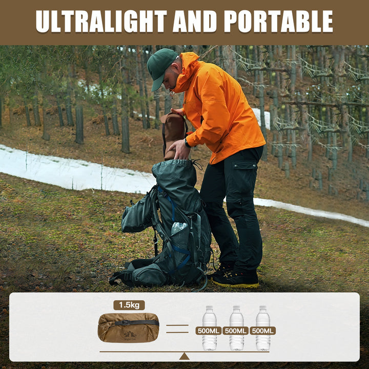 Night Cat 2 Person Tent in Khaki packs down to 1.5kg, equivalent to three 500ml water bottles, shown with a hiker packing a rucksack in a forest 