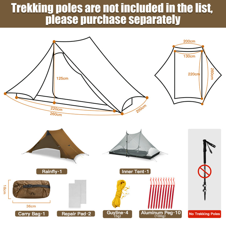 Night Cat 2 Person Tent in Khaki dimensions diagram showing 220 x 130 x 125cm pitched size, packed carry bag, rainfly, inner tent, guyline and stakes included, trekking poles sold separately 