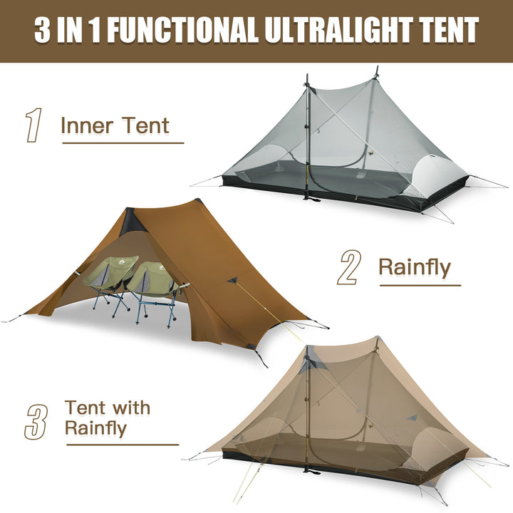 Night Cat 2 Person Tent in Khaki shown as a 3-in-1 setup: inner tent alone, rainfly alone, and tent with rainfly combined 
