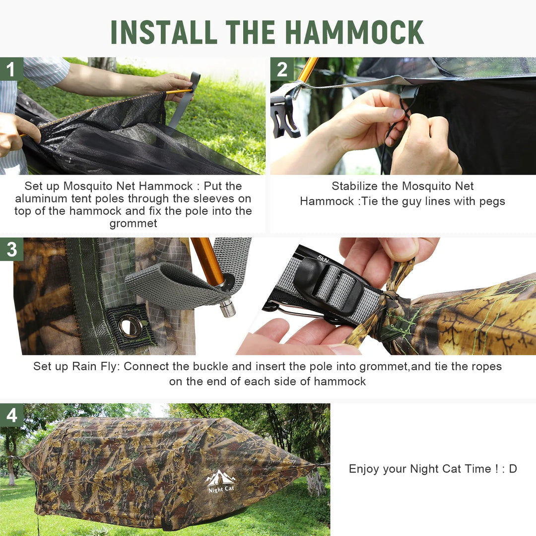 Night Cat Hammock Tent hanging between trees, HikeWare