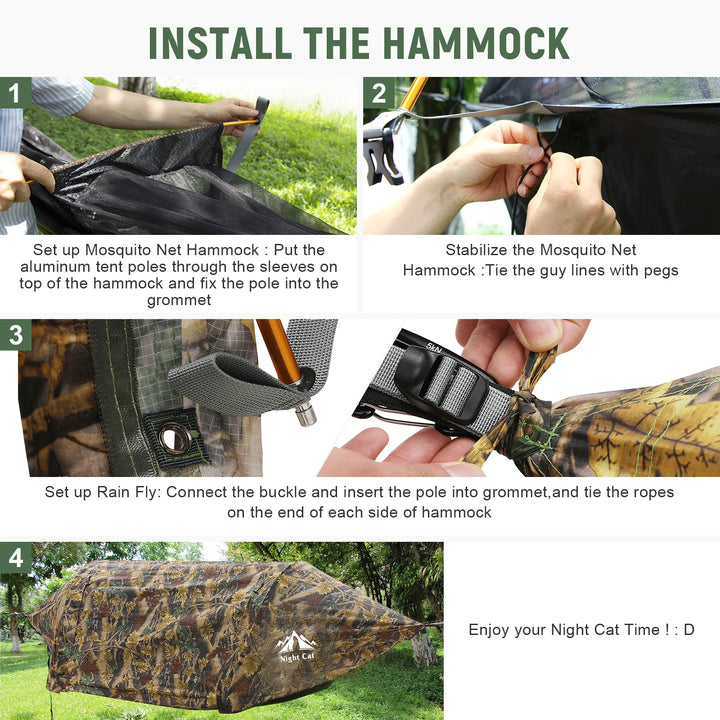Night Cat Hammock Tent hanging between trees, HikeWare