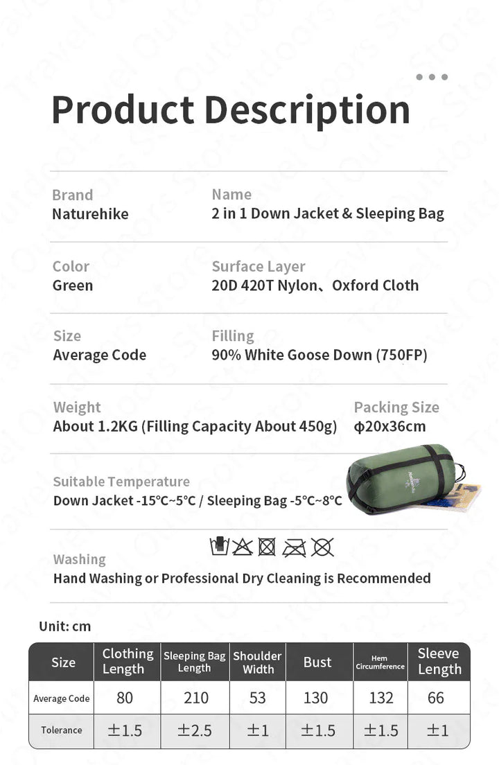 Naturehike 2 in 1 Sleeping Bag and Down  Jacket - HikeWare  