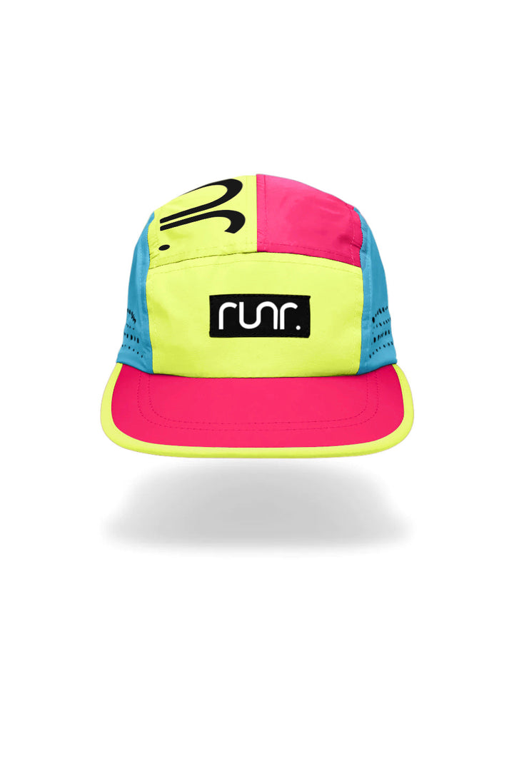 Runr Amsterdam running hat in yellow, blue and pink