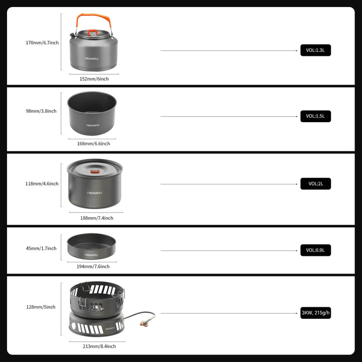 Firemaple Cooking Kit with Pots and Pans With Gas Burner