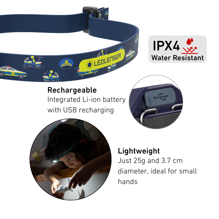 KidLED4R Rechargeable Head Torch, Blue Police - HikeWare  