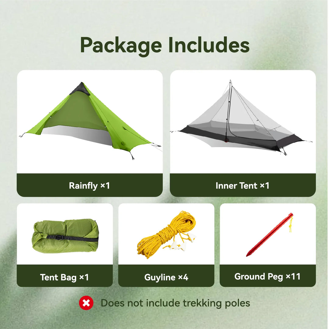 An illustrated packing list for a Night Cat ultralight camping tent. The list is presented on a light green background with items arranged in a grid with corresponding quantity labels. It features: an open-pitched green rainfly (x1), a mesh inner tent structure with floor (x1), a compact, folded green tent storage bag (x1), four coils of yellow guyline ropes (x4), and eleven red aluminum V-shaped ground pegs (x11). A small note with a red cross icon at the bottom explicitly states: "Does not include trekkin