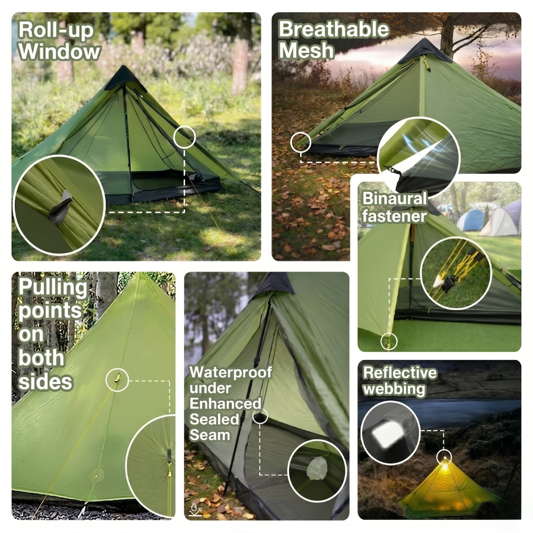 A detailed feature breakdown for the Night Cat Ultralight Tent. This six-panel product infographic collage with rounded white borders uses call-out lines and inset close-up circles to illustrate key features: a &