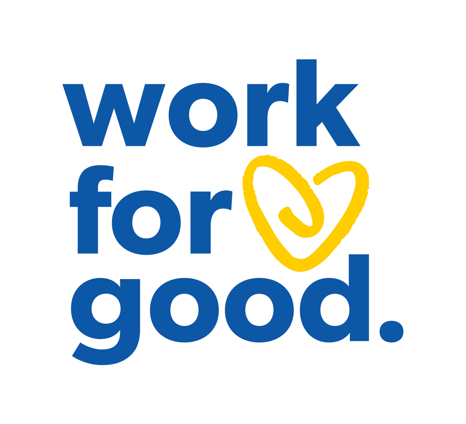 Graphic with text 'work for good' in blue letters and a stylized yellow heart, symbolizing HikeWare's commitment to donating 5% of sales to charity.