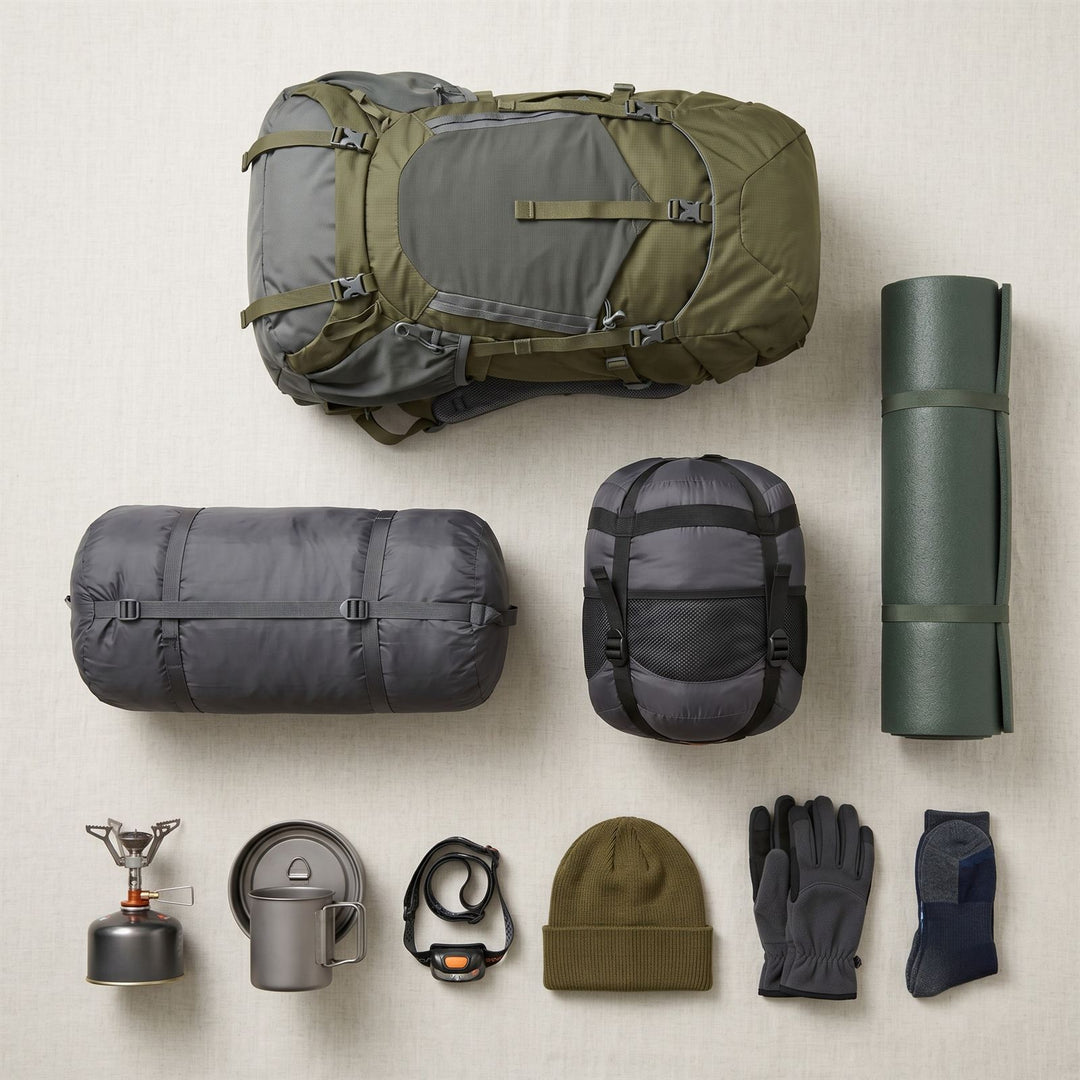 Flat lay of a complete DofE expedition kit including rucksack, tent, sleeping bag, sleeping mat, camping stove, cook set, head torch, hat, gloves and socks