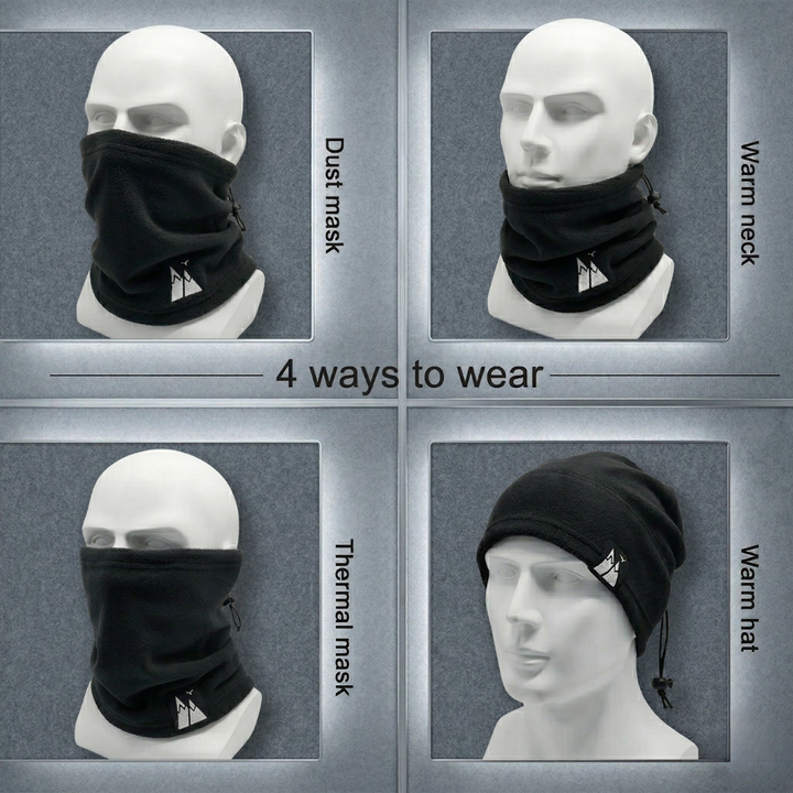 HikeWare fleece snood shown in 4 wearing configurations: dust mask, warm neck warmer, thermal face mask, and warm hat