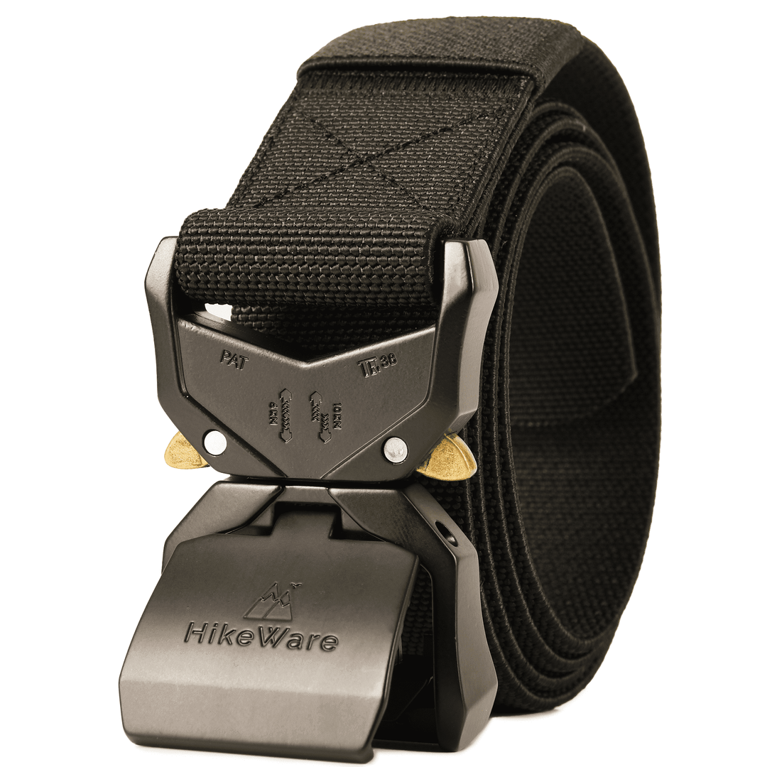 HikeWare tactical nylon hiking belt in black with quick-release metal buckle, coiled