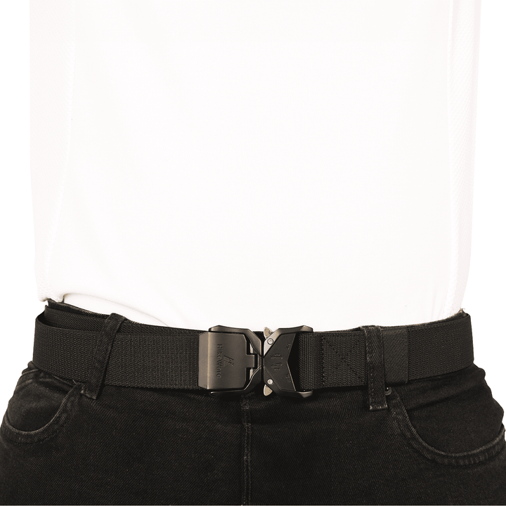 HikeWare tactical belt worn with black jeans, front view