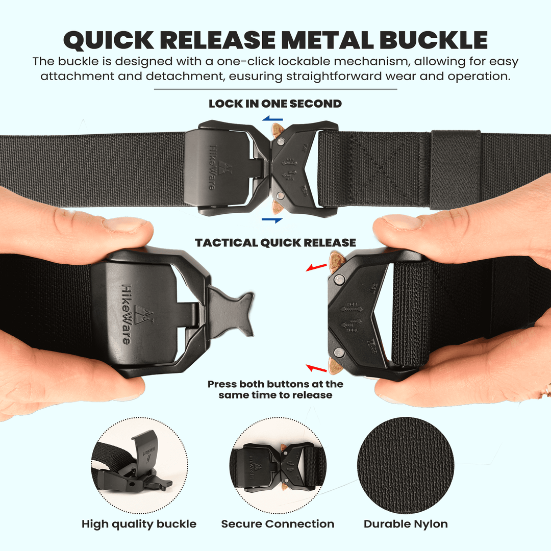 HikeWare tactical belt quick-release metal buckle, showing the one-click lock and two-button release