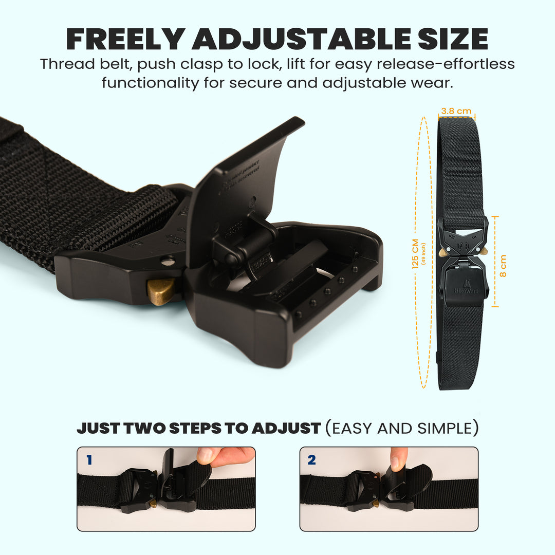 HikeWare tactical belt adjustable sizing, adjusted in two simple steps