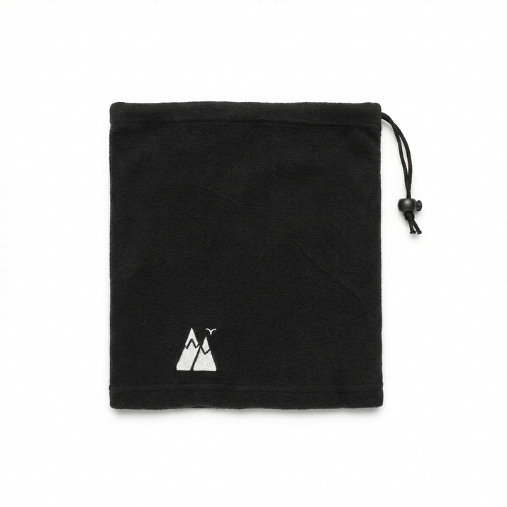 HikeWare black thermal fleece snood laid flat on white background showing the embroidered mountain logo and adjustable drawstring