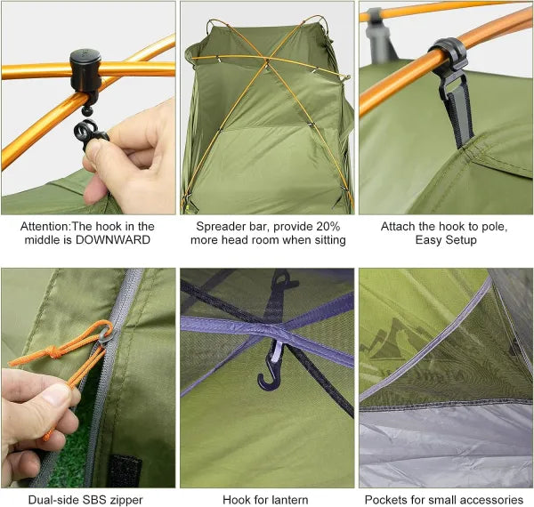 Night Cat aluminium pole tent details: pole clips, spreader bar, dual zips, lantern hook and storage pockets