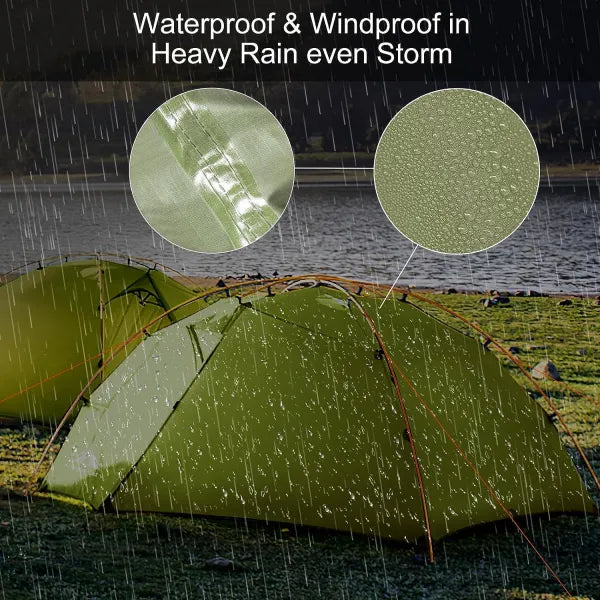 Night Cat aluminium pole tent in green in heavy rain, with water beading on the waterproof fabric