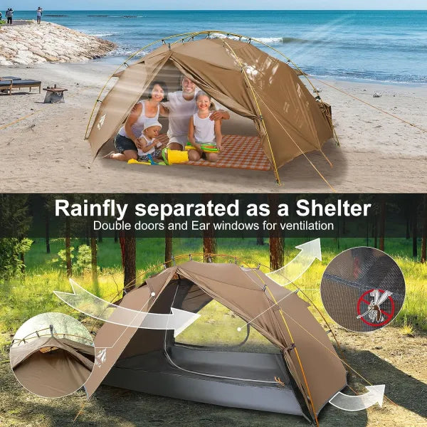 Night Cat aluminium pole tent rainfly used alone as a beach shelter, with double doors and vents