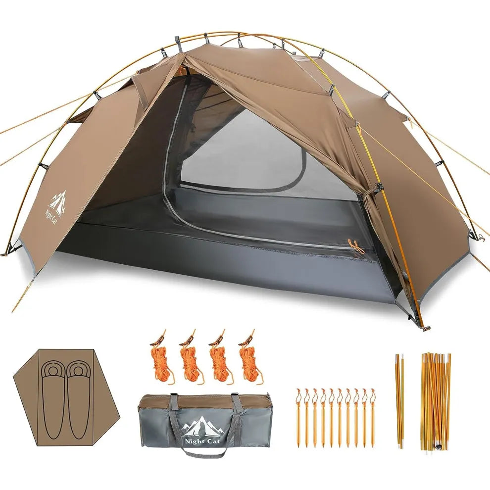 Night Cat 2 person aluminium pole tent in brown with the fly on, shown with all included parts